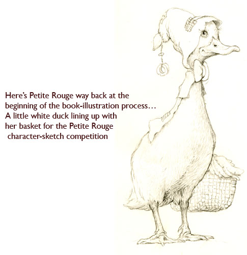 Petite Rouge sketch.  The little duck as she appeared early in the Jim Harris fairytale character development process.